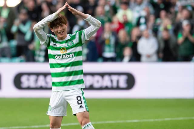 Furuhashi celebrates his goal in front of the Celtic fans.
