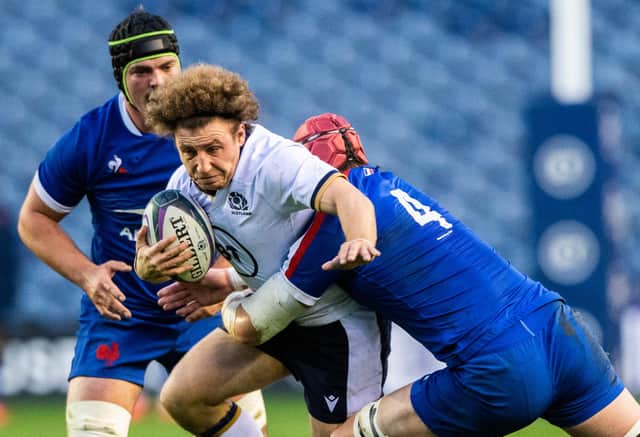 EDINBURGH, SCOTLAND - NOVEMBER 22: Scotland's Duncan Weir (left) is tackled by France's Bernard le Roux during an Autumn Nations Cup tie between Scotland and France at BT Murrayfield, on November 22, 2020, in Edinburgh, Scotland (Photo by Bill Murray / SNS Group)