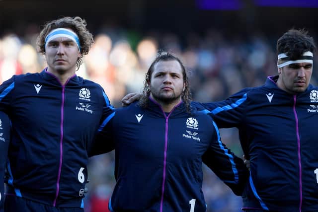 Pierre Schoeman, ahead of his Scotland debut against Tonga, flanked by Edinburgh team-mates Jamie Ritchie, and Stuart McInally. (Photo by Craig Williamson / SNS Group)
