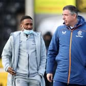 Jermain Defoe (left) and new Rangers first team coach Roy Makaay in conversation before Sunday's Premiership fixture at Livingston. (Photo by Ian MacNicol/Getty Images)