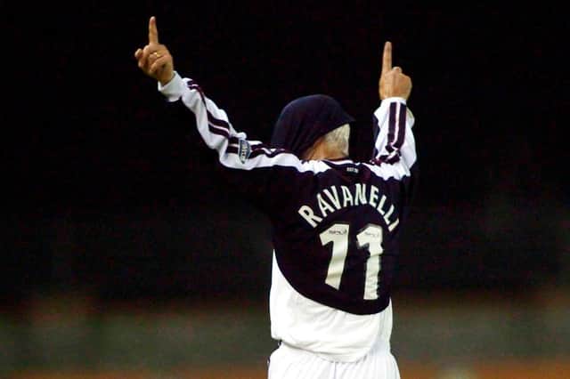 Fabrizio Ravanelli celebrating the hat-trick in his customary style. Picture: SNS