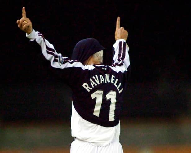 Fabrizio Ravanelli celebrating the hat-trick in his customary style. Picture: SNS
