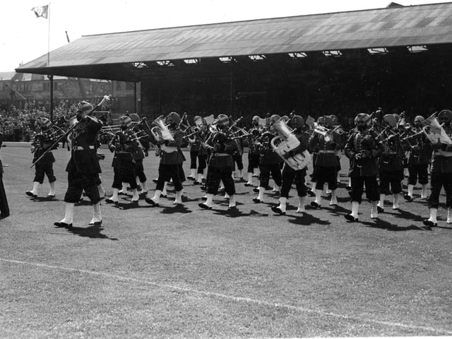The Pies and Drums of the Indian 61st Cavalry Regiment, who were appearing at the Edinburgh Military Tattoo, are pictured performing at half-time in August 1962.