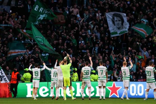 Celtic players celebrates with the fans after defeating Ferencvaros at Celtic Park on October 19, 2021, in Glasgow, Scotland.  (Photo by Craig Williamson / SNS Group)