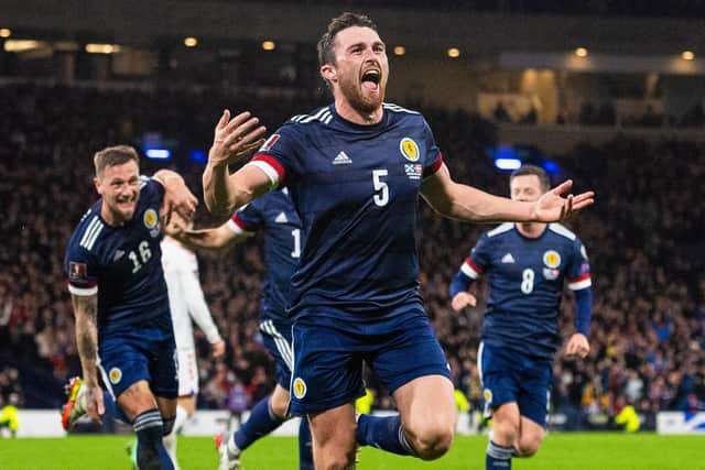 John Souttar celebrates scoring Scotland's opener in November's 2-0 win over Denmark at Hampden. (Photo by Ross MacDonald / SNS Group)