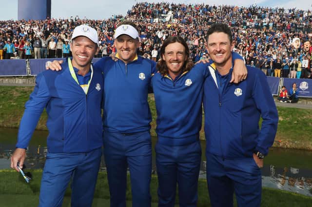 Paul Casey, Ian Poulter, Tommy Fleetwood and Justin Rose celebrate winning the 2018 Ryder Cup at Le Golf National in Paris, Picture: Jamie Squire/Getty Images