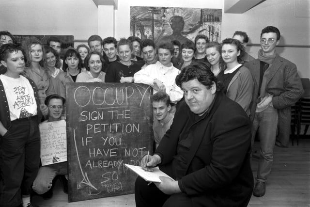 Robbie Coltrane pictured supporting students at Edinburgh's College of Art who had occupied the college overnight to protest against the proposed Student Loans scheme in February 1989.