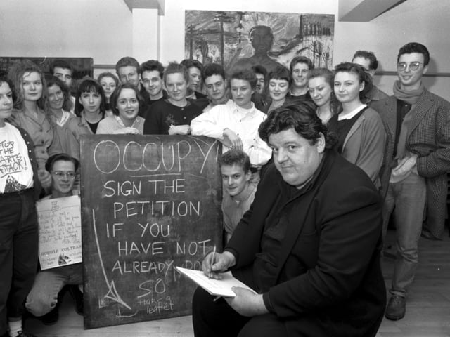 Robbie Coltrane pictured supporting students at Edinburgh's College of Art who had occupied the college overnight to protest against the proposed Student Loans scheme in February 1989.