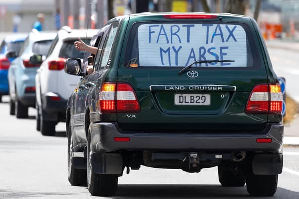 Anger: a sign in a vehicle during a protest against the government's plans to tax emissions from farm animals in New Zealand (Photo: Marty Melville/ Getty Images)