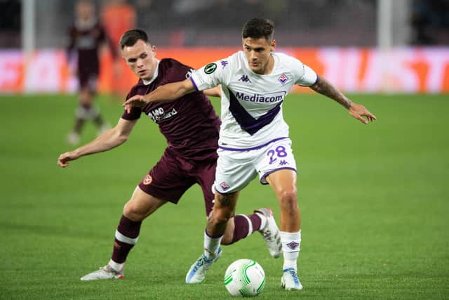 Lawrence Shankland and Lucas Martínez Quarta in action during last week's game between Hearts and Fiorentina at Tynecastle.