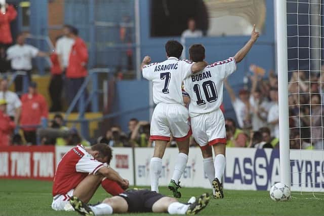 Aljosa Asanovic and Zvonimir Boban celebrate as Croatia defeat Denmark 3-0 in the Euro 96 group stages. Picture: SNS