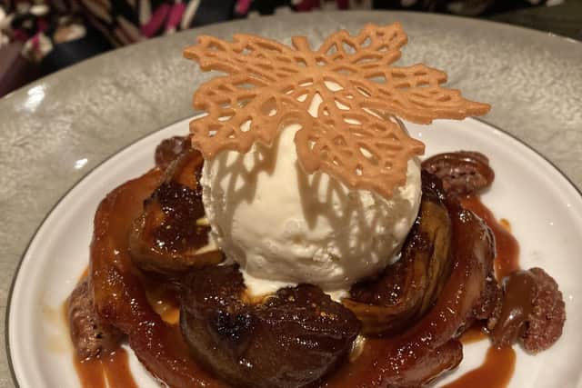 A crunchy, lacy leaf adorns a fig and pecan tarte in the restuarant at Fingal. Pic: Fiona Laing