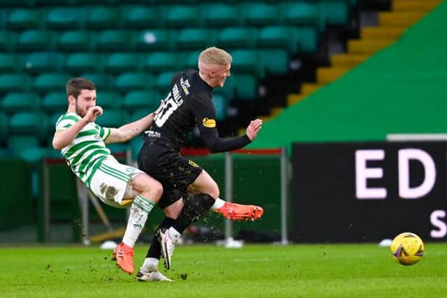 Celtic's Anthony Ralston is penalised for a foul on Livingston's Craig Sibbald during a Scottish Premiership match between Celtic and Livingston at Celtic Park on January 16, 2021, in Glasgow, Scotland. (Photo by Rob Casey / SNS Group)