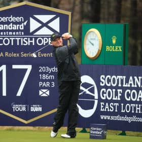Paul Lawrie tees off on the 17th hole during the first round of the of the Aberdeen Standard Investments Scottish Open at The Renaissance Club in East Lothian. Picture: Andrew Redington/Getty Images