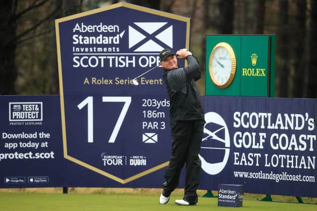 Paul Lawrie tees off on the 17th hole during the first round of the of the Aberdeen Standard Investments Scottish Open at The Renaissance Club in East Lothian. Picture: Andrew Redington/Getty Images