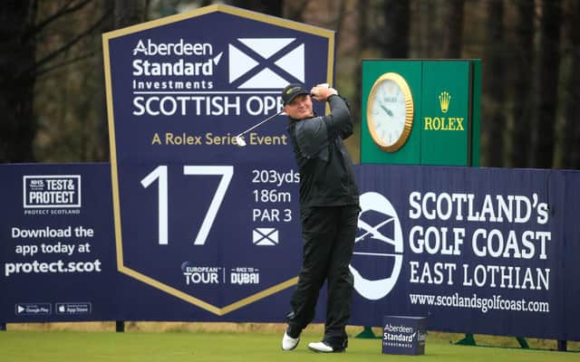 Paul Lawrie tees off on the 17th hole during the first round of the of the Aberdeen Standard Investments Scottish Open at The Renaissance Club in East Lothian. Picture: Andrew Redington/Getty Images
