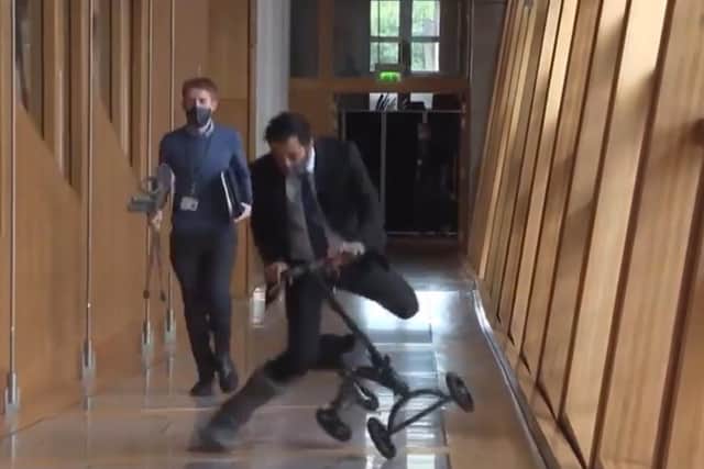 Health secretary Humza Yousaf takes a tumble in the Scottish Parliament. Picture: Contributed