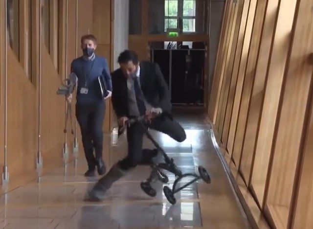 Health secretary Humza Yousaf takes a tumble in the Scottish Parliament. Picture: Contributed