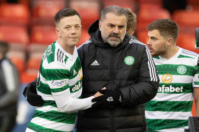 Celtic boss Ange Postecoglou congratulates goalscorer and captain Callum McGregor after the win against Aberdeen.