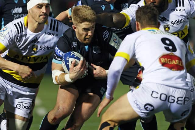 GLASGOW, SCOTLAND - JANUARY 22: Glasgow Warriors' Kyle Steyn drives forward during a European Champions Cup match between Glasgow Warriors and La Rochelle at Scotstoun Stadium, on January 22, 2022, in Glasgow, Scotland. (Photo by Craig Williamson / SNS Group)