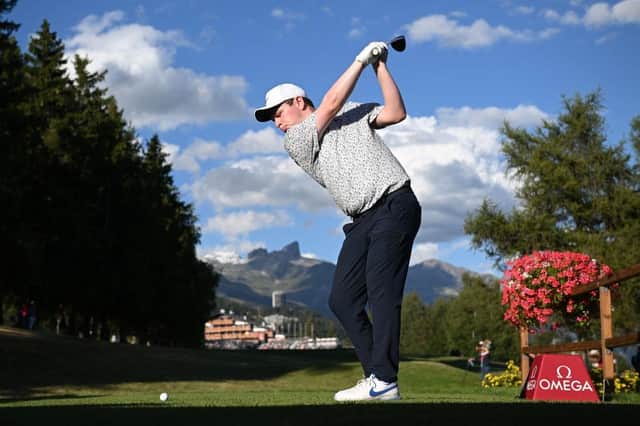 Needing a par to make the cut, Bob MacIntyre tees off at the 18th hole during day two of the Omega European Masters at Crans-sur-Sierre in Crans-Montana, Switzerland. Picture: Stuart Franklin/Getty Images.