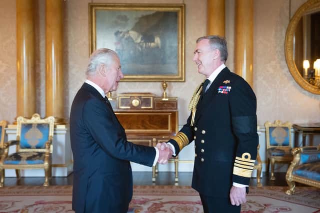 King Charles III greets Admiral Sir Tony Radakin, Chief of the Defence Staff, at Buckingham Palace. Picture: Stefan Rousseau - WPA Pool/Getty Images