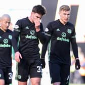 Celtic's Daizen Maeda, Matt O'Riley and Carl Starfelt look dejected after the 0-0 draw at Hibs. (Photo by Alan Harvey / SNS Group)