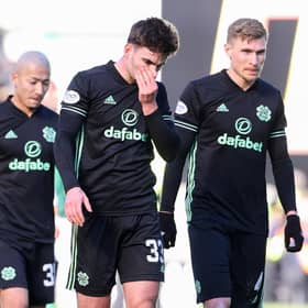 Celtic's Daizen Maeda, Matt O'Riley and Carl Starfelt look dejected after the 0-0 draw at Hibs. (Photo by Alan Harvey / SNS Group)