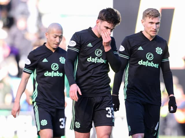 Celtic's Daizen Maeda, Matt O'Riley and Carl Starfelt look dejected after the 0-0 draw at Hibs. (Photo by Alan Harvey / SNS Group)