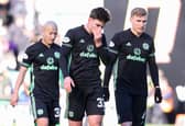 Celtic's Daizen Maeda, Matt O'Riley and Carl Starfelt look dejected after the 0-0 draw at Hibs. (Photo by Alan Harvey / SNS Group)