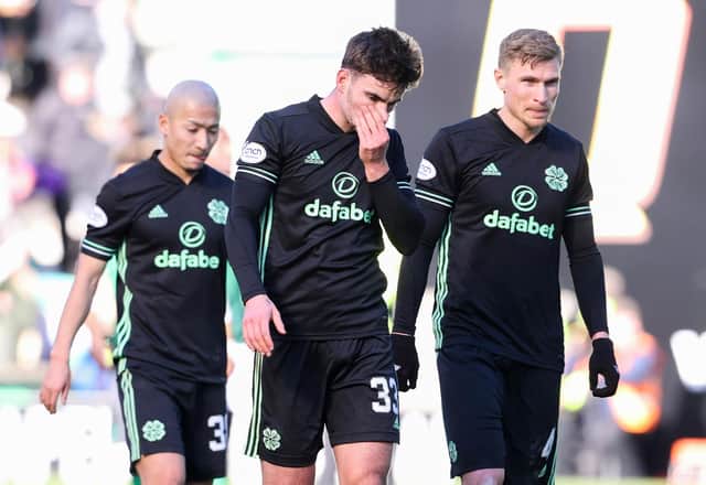 Celtic's Daizen Maeda, Matt O'Riley and Carl Starfelt look dejected after the 0-0 draw at Hibs. (Photo by Alan Harvey / SNS Group)
