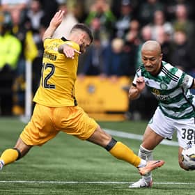 Celtic's Daizen Maeda skips past Jamie Brandon during the 3-0 win over Livingston at the Tony Macaroni Arena. (Photo by Paul Devlin / SNS Group)
