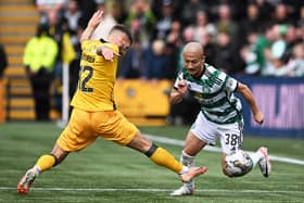 Celtic's Daizen Maeda skips past Jamie Brandon during the 3-0 win over Livingston at the Tony Macaroni Arena. (Photo by Paul Devlin / SNS Group)