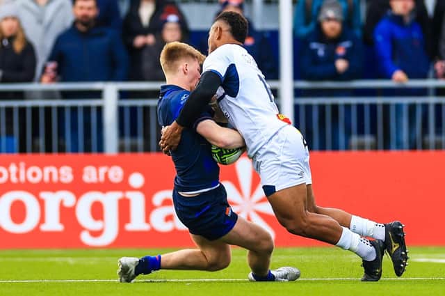 Castres' Andrea Cocagi, right, was shown a red card for this tackle on Edinburgh's Harry Paterson during the EPCR Challenge Cup match at Hive Stadium. (Photo by Ewan Bootman / SNS Group)