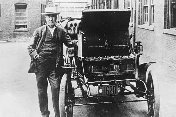 American inventor and physicist Thomas Edison with his first electric car, the Edison Baker, in 1895 (Picture: General Photographic Agency/Getty Images)