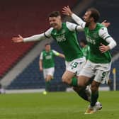 Christian Doidge celebrates the second goal that clinched the side's win in their third semi-final this season. (Photo by Ian MacNicol/Getty Images)