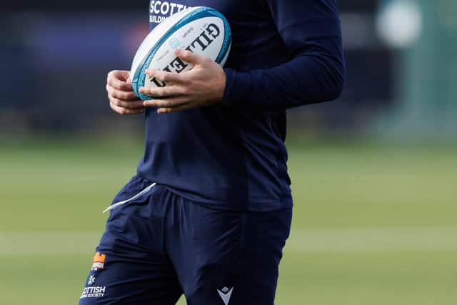 EDINBURGH, SCOTLAND - OCTOBER 23: Luke Crosbie during an Edinburgh Rugby training session at the Hive Stadium, on October 23, 2023, in Edinburgh, Scotland. (Photo by Ross Parker / SNS Group)