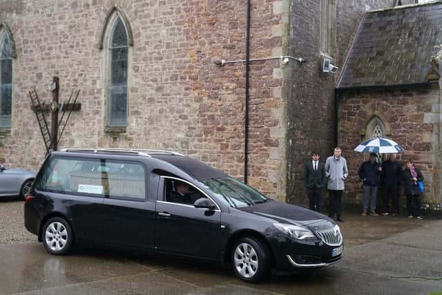 The hearse arrives for the funeral of TV presenter and journalist Nick Sheridan, at St Ibar's Church in Castlebridge, Co Wexford. Picture: Brian Lawless/PA Wire