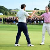 Rasmus Hojgaard, right, is congratulated by  Nacho Elvira after winning a six-hole play-off to become the first home winner of the Made in HimmerLand at Himmerland Golf & Spa Resort in Denmark. Picture: Octavio Passos/Getty Images.