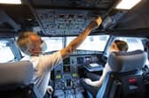 Director of Flight Operations Captain David Morgan and Captain Kate McWilliams in the cockpit of easyJet flight EZY883 before it takes-off from London Gatwick bound for Glasgow