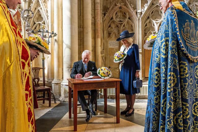 King Charles III and the Queen Consort attending the Royal Maundy Service at York Minster.
