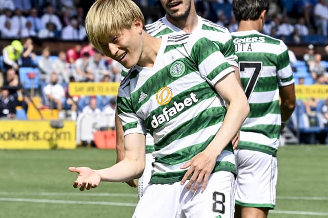 Celtic's Kyogo Furuhashi celebrates opening the scoring in the 5-0 win over Kilmarnock next week. Now the Japanese striker hopes he can play in enough games to reach a magic mark for the  campaign. (Photo by Rob Casey / SNS Group)