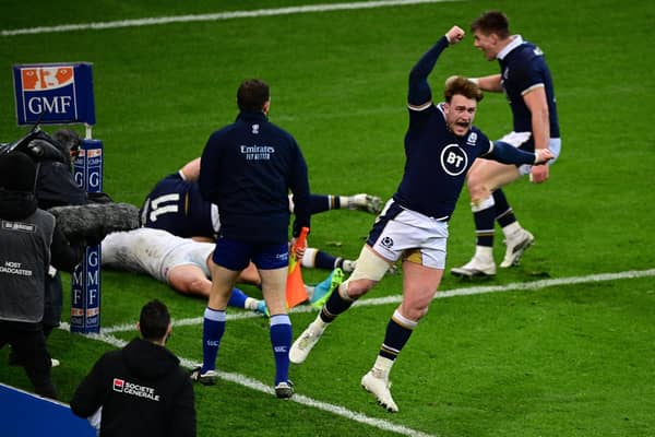 Full-back and captain Stuart Hogg celebrates wildly as Duhan van der Merwe scores the winning try in the final seconds of the 2021 match against France on Scotland's last visit to Paris.