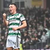 DINGWALL, SCOTLAND - NOVEMBER 04: Celtic’s David Turnbull celebrates after scoring to make it 1-0 Celtic  during a cinch Premership match betweeen Ross County and Celtic at the Global Energy Stadium, on November 04,2023, in Dingwall, Scotland.  (Photo by Paul Devlin / SNS Group)