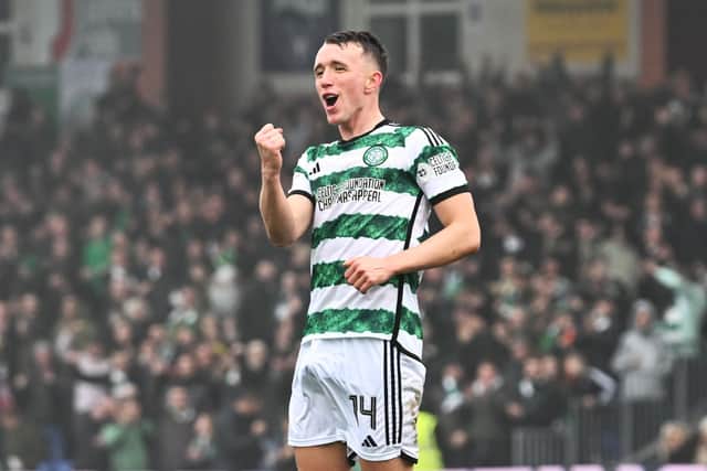 DINGWALL, SCOTLAND - NOVEMBER 04: Celtic’s David Turnbull celebrates after scoring to make it 1-0 Celtic  during a cinch Premership match betweeen Ross County and Celtic at the Global Energy Stadium, on November 04,2023, in Dingwall, Scotland.  (Photo by Paul Devlin / SNS Group)