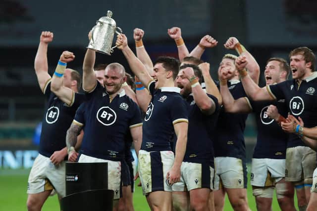 David Cherry and Cameron Redpath of Scotland lift The Calcutta Cup (Photo by David Rogers/Getty Images)