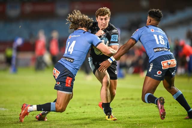 James Verity-Amm of the Vodacom Bulls tackles Josh Mckay of Glasgow Warriors during their URC clash in South Africa.