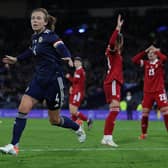 Rachel Corsie celebrates scoring her team's second goal during the FIFA Women's World Cup 2023 Qualifier group B match between Scotland and Hungary at  on October 22, 2021 in Glasgow , United Kingdom. (Photo by Ian MacNicol/Getty Images)