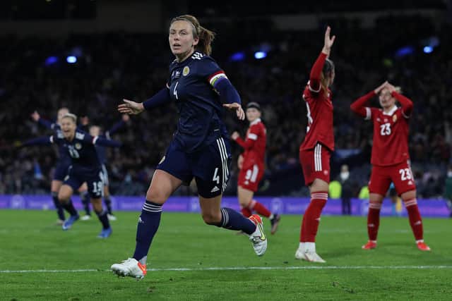 Rachel Corsie celebrates scoring her team's second goal during the FIFA Women's World Cup 2023 Qualifier group B match between Scotland and Hungary at on October 22, 2021 in Glasgow , United Kingdom. (Photo by Ian MacNicol/Getty Images)