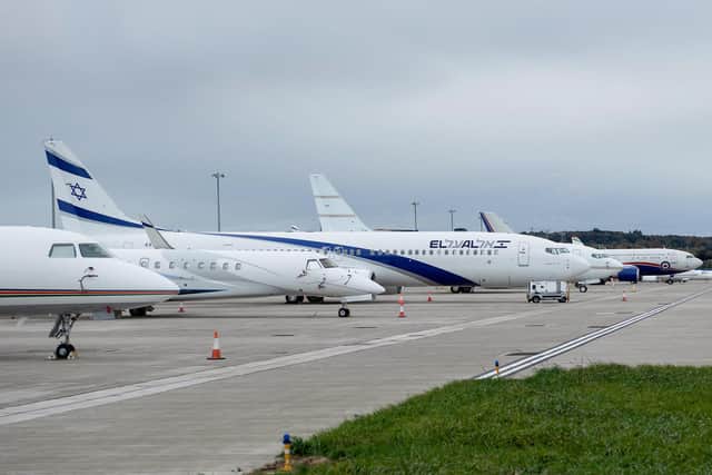 Private jets used by COP26 delegates seen parked at Edinburgh Airport, Scotland at the beginning of the summit. Picture: Brendan Smialowski /Pool/AFP/Getty
